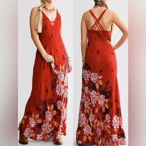 NEW Free People Get to You Printed Maxi Dress red Combo Size xs